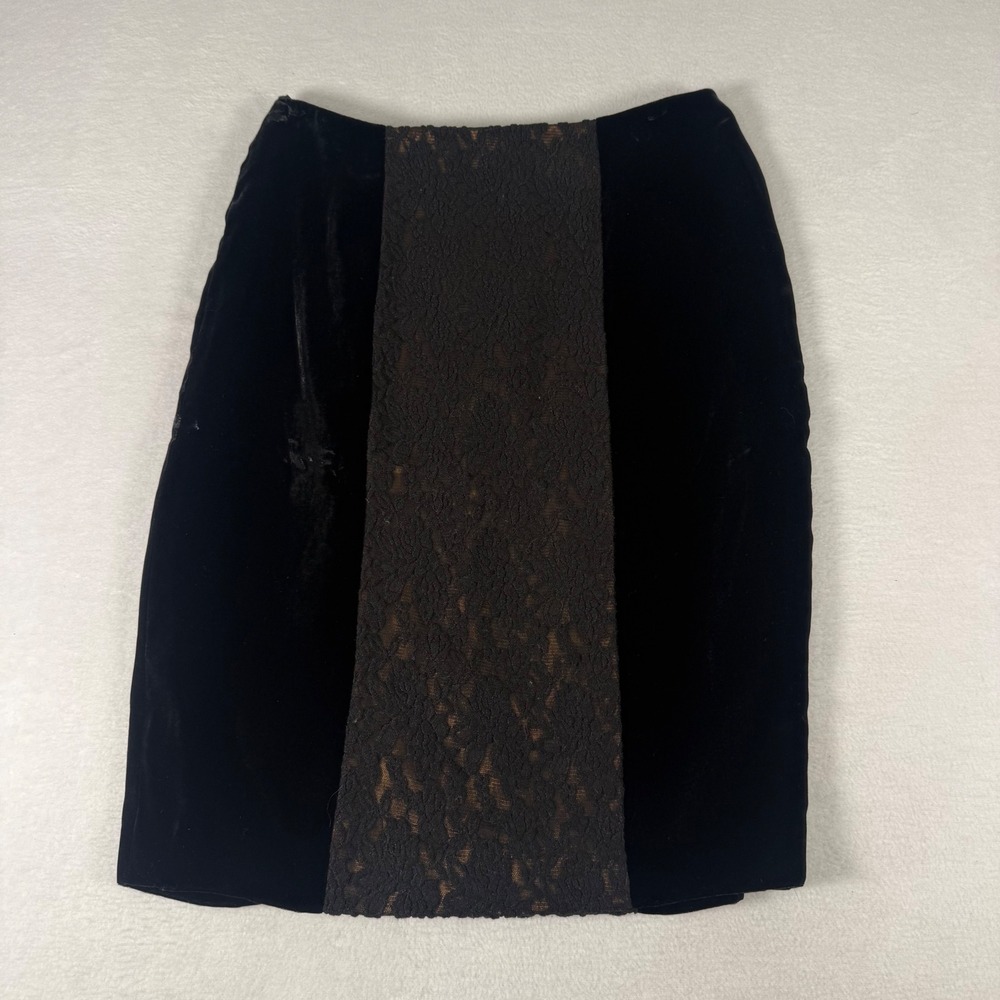 Kay Unger Skirt Pencil Womens 12 Black Velvet Brown Lace Panel Dark Romantic 445